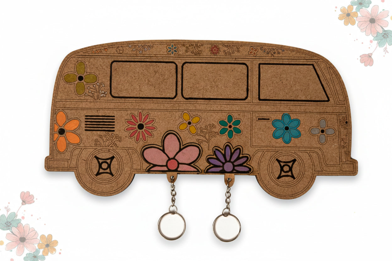Llavero Furgoneta Hippie — Madera grabada