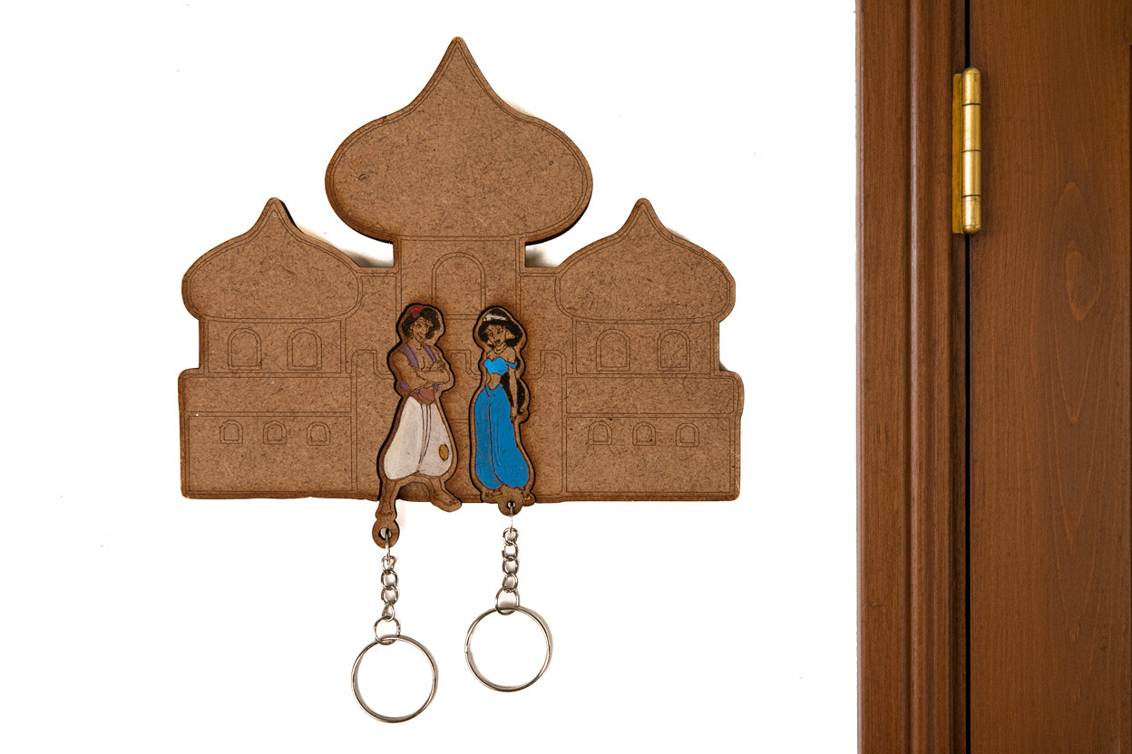 Llavero Aladdin y Jasmine — Palacio de Agrabah madera grabada